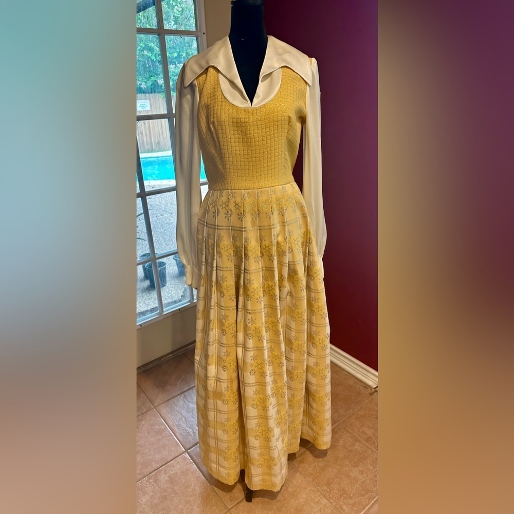 Vintage Jerry Marsch for Mardi Gras Yellow Maxi Dress 1970s Snowflake Print Gown